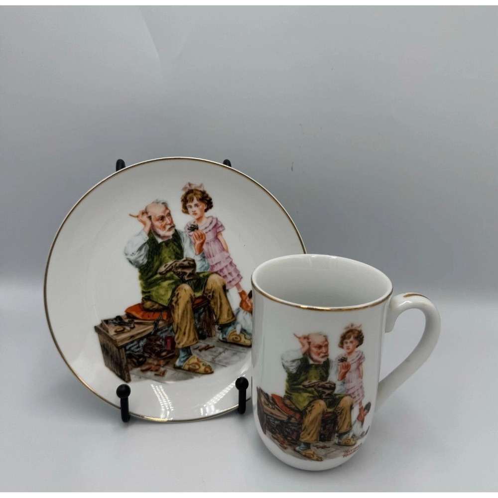 Norman Rockwell Museum The Cobbler Plate and Mug Set White Americana Decor Japan